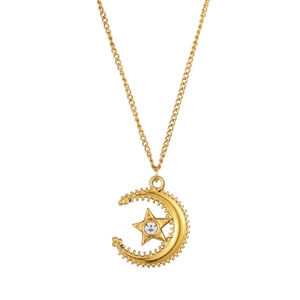 Golden moon and star pendant necklace with cubic zirconia inlay for women and couples