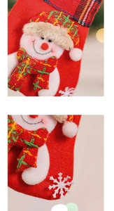 Detail of red Christmas stocking with 3D snowman figurine made of felt and knit fabric