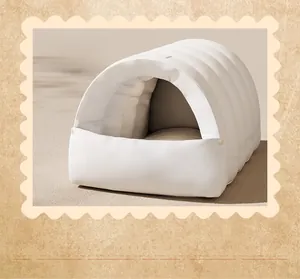 Detail of warm semi-enclosed pet bed featuring thick cotton padding and soft fabric