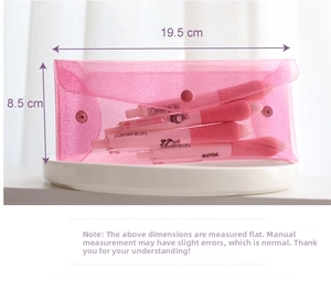Pink holographic translucent stationery pouch with snap closure and glitter finish detail