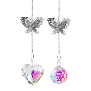 Garden crystal suncatcher set featuring silver butterfly with heart and faceted prism ball