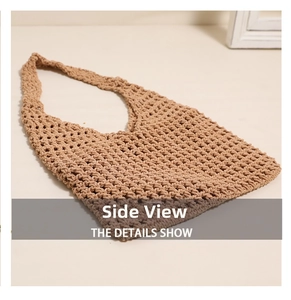 Detail view of the hand-woven cotton hollow pattern on a summer beach shoulder bag