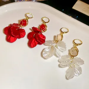 Elegant petal pearl tassel earrings with gold hoop in vintage red and pearly white styles