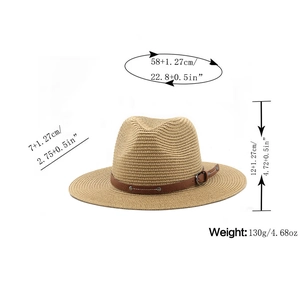 Detail view of khaki straw hat with size dimensions 58cm head circumference and 7cm brim