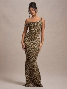 Elegant one-shoulder leopard print bodycon maxi dress with a fishtail hem for women