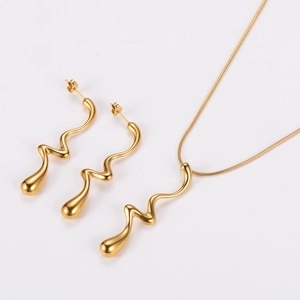 Detailed view of golden wave pendant necklace and matching drop earrings jewelry set