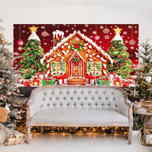 Toile de fond de Noël avec maison en pain d'épices et sapins pour décor de fête
