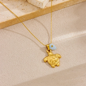 Gold stainless steel necklace with starfish turtle pendant and light blue quartz bead