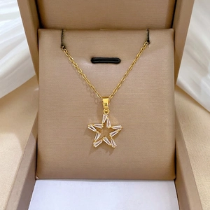Hollow Five Pointed Star Pendant Necklace Stainless Steel Chain Copper Inlaid Zirconia Elegant Minimalist Jewelry For Women