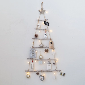 Nordic wooden wall-mounted Christmas tree with LED warm lights and pine cones décor