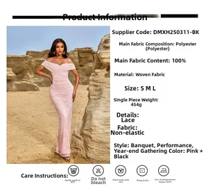 Detailed product specifications for the pink lace off-the-shoulder evening gown