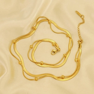 Double Layer Necklace 18K Gold Plated Stainless Steel Snake Chain And Bead Chain Minimalist Jewelry Gift For Women