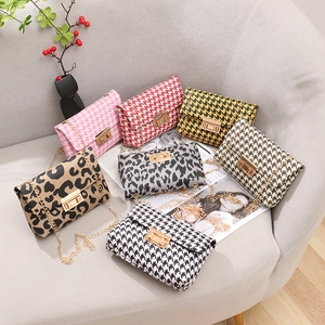 Women Crossbody Bag Houndstooth Leopard Print Woven Fabric Metal Chain Small Square Bag Fashion Shoulder Bag