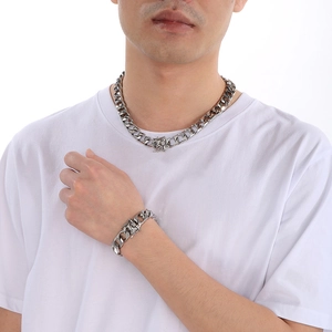 Classic 13mm silver stainless steel Cuban link chain necklace and bracelet set for men