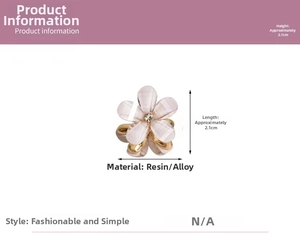 Detailed view of camellia hair clip showing 2.1cm size and resin flower with alloy base