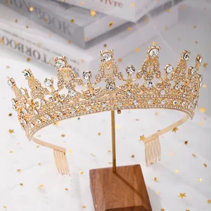Elegant gold bridal tiara with full crystals and hair combs for wedding parties