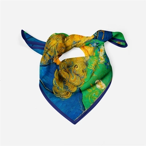 Detailed view of Van Gogh style oil painting silk scarf with elegant knot in blue and yellow