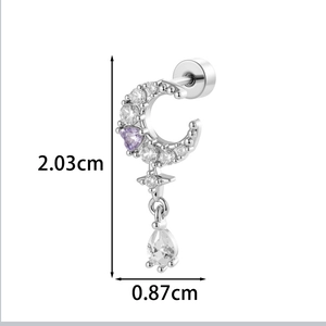 Silver moon and star drop earrings with zircon stones, size 2.03cm by 0.87cm detail