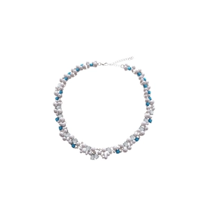 Elegant multi-layered pearl necklace with blue beads and crystals on silver chain