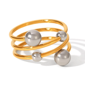 Three-layer gold spiral stainless steel ring with four silver spheres for women