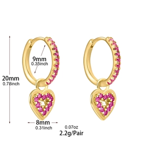 Detailed view of gold earrings with pink zircon heart charms and precise dimensions