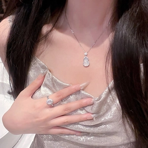Elegant stainless steel necklace and ring set with hulu gourd pendants and zircon inlays