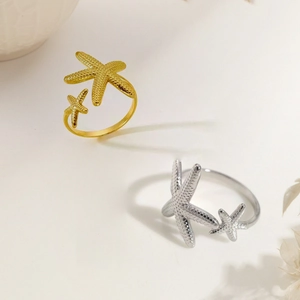 Fashionable starfish titanium steel open ring in gold and silver finish for women