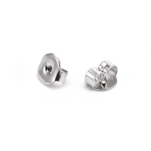 A pair of classic silver stainless steel butterfly earring backs on white background