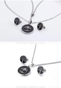 Detailed view of stainless steel Tree of Life jewelry set with necklace and earrings