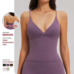 Débardeur de Yoga Col en V pour Femmes Avec Coussinets Amovibles Dos Nu Haut de Sport Brossé Brassière de Sport Course Fitness