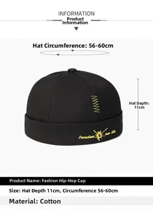 Detail view of cotton hip-hop docker hat with yellow embroidery and 11cm depth specs