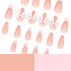 Faux ongles amande rose style français avec nœuds 3D élégants, lot de 24 pièces