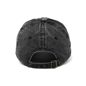 Detail of adjustable brass buckle and premium stitched back on washed cotton baseball cap