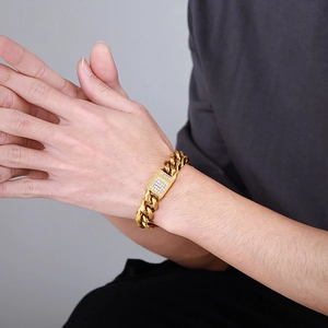 Men's hip hop gold plated Cuban chain bracelet featuring a CNC iced-out diamond plate