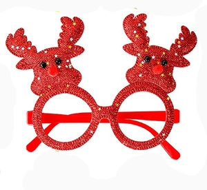 Detail of red glitter reindeer party glasses with colorful stars for Christmas