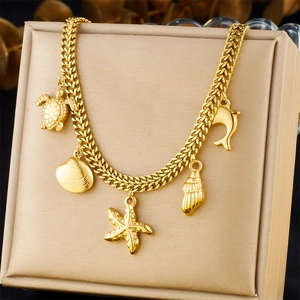 Stainless Steel Gold Plated Necklace Ocean Theme Sea Turtle Starfish Shell Dolphin Charms Beach Style For Women