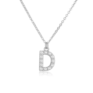Close-up of silver necklace with letter D pendant featuring embedded white pearls