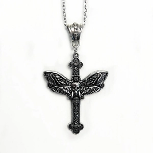 Gothic silver cross necklace with skull and wings in dark punk aesthetic style