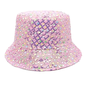 Detailed close-up of pink bucket hat with sparkly sequins and quilted diamond patterns