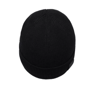 Classic black ribbed knit beanie for men with thermal fleece lining and cuff logo patch