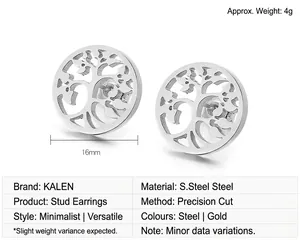 Detail of 16mm stainless steel Tree of Life stud earrings in gold and silver finishes