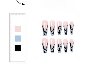 Detail showing 10-piece coffin nail set with abstract blue and black swirling lines