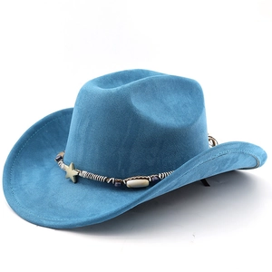 Detail of royal blue faux suede cowboy hat with ethnic braided band and star ornaments