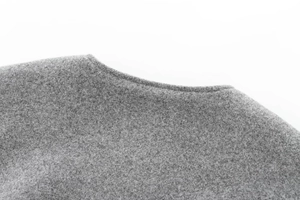 Close-up of gray wool fabric texture and round neckline of a soft bomber jacket