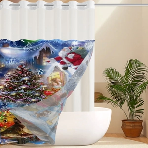 Waterproof Christmas shower curtain with Santa Claus and winter landscape decor