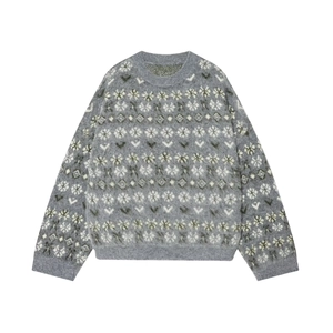 Women Fair Isle Knitted Sweater Fuzzy Snowflake Jacquard Round Neck Long Sleeve Casual Retro Pullover Top
