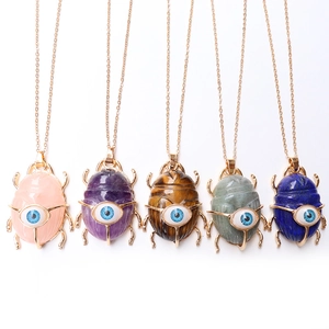 Natural stone scarab beetle pendants with evil eye inlay on golden chains in five colors