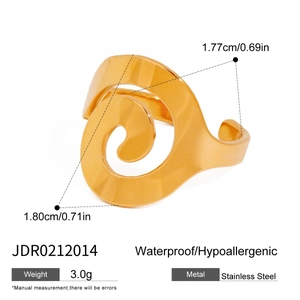 Detail view of gold stainless steel spiral ring with dimensions, weight and waterproof features