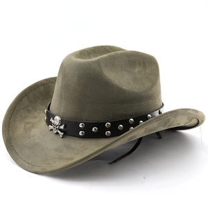 Olive green faux suede cowboy hat with black leather band and silver skull ornament