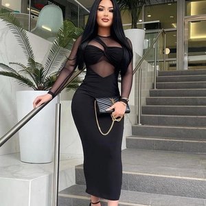 Women black mesh patchwork long sleeve bodycon midi dress with twist cutout detail
